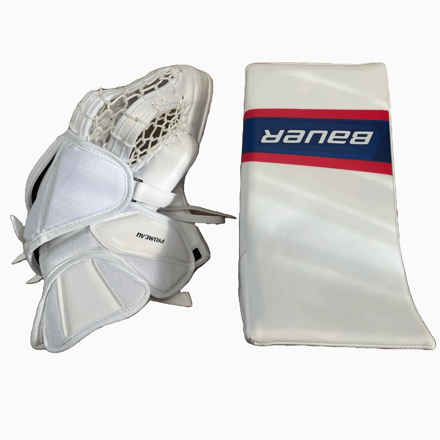 Bauer Vapor Hyperlite - New Pro Stock Senior Goalie Glove Set (White/Blue/Red) 1 Bauer Vapor Hyperlite - New Pro Stock Senior Goalie Glove Set (White/Blue/Red)