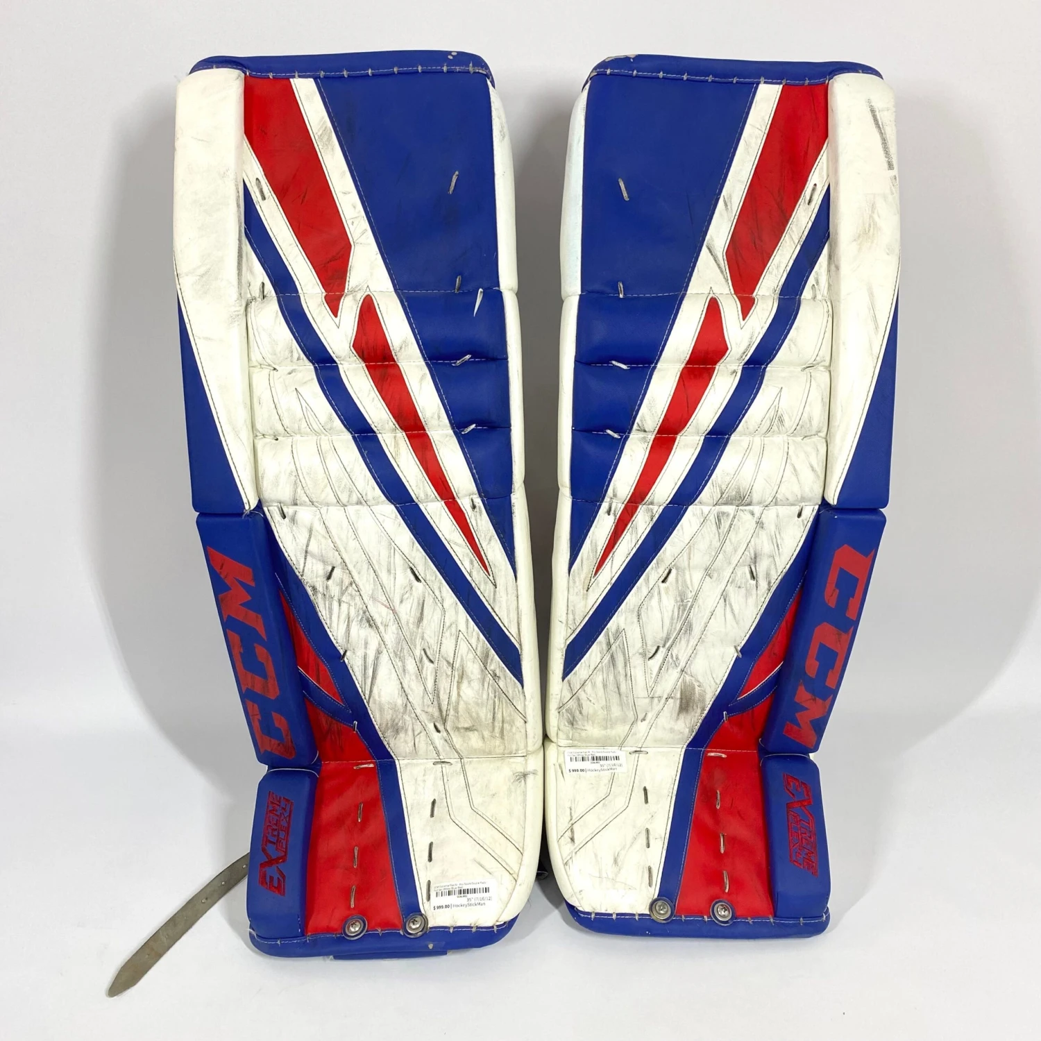 CCM Extreme Flex IV - Used Pro Stock Goalie Pads - Full Set (White/Blue/Red) 2 CCM Extreme Flex IV - Used Pro Stock Goalie Pads - Full Set (White/Blue/Red) - Image 2