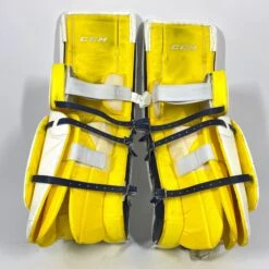 CCM Extreme Flex 4 - Used NCAA Pro Stock Senior Goalie Pads (White/Gold) -Hockey Stick Man Shop Photo2023 05 24 121334PM