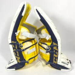 CCM Extreme Flex 4 - Used NCAA Pro Stock Senior Goalie Pads (White/Gold) -Hockey Stick Man Shop Photo2023 05 24 121529PM
