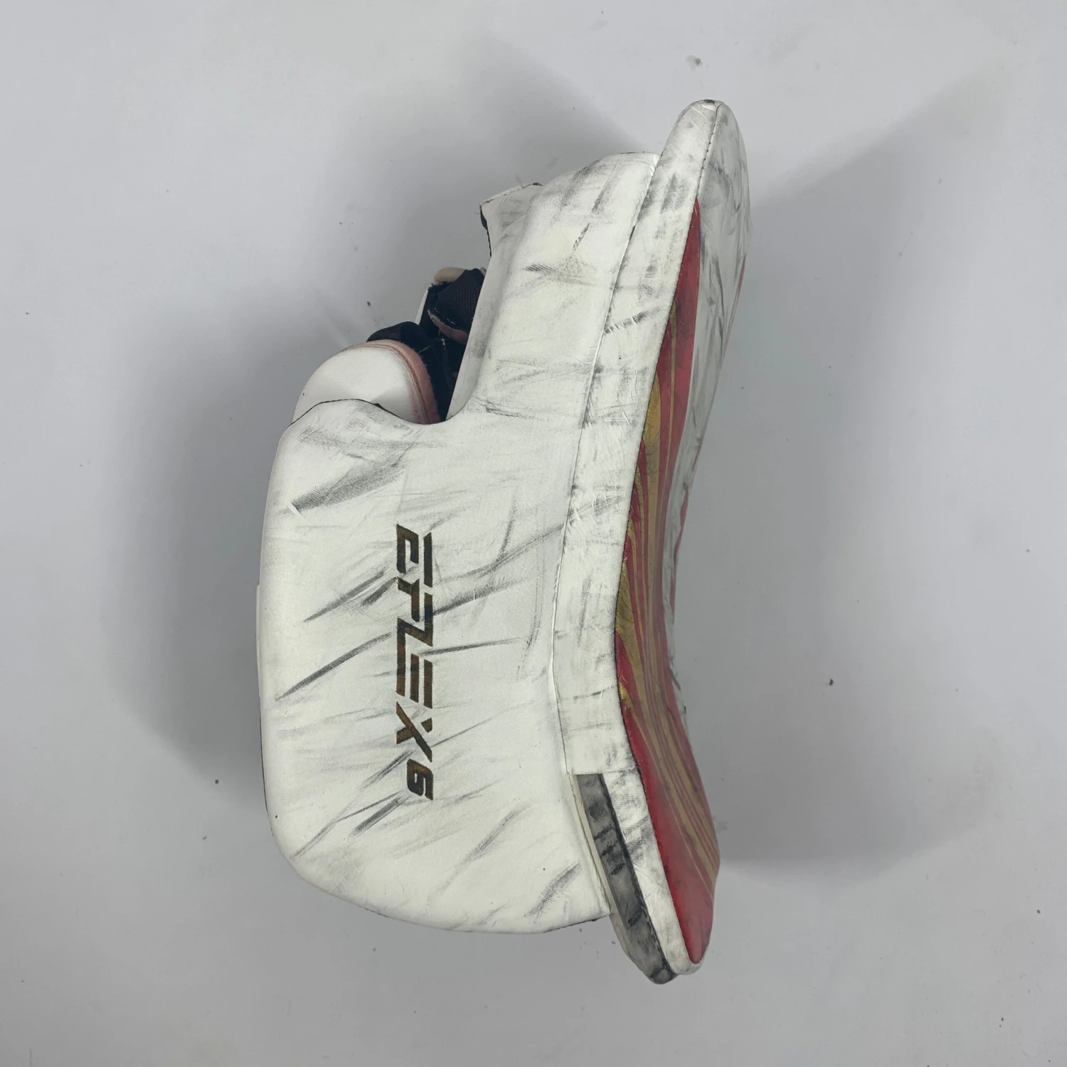 CCM Extreme Flex 6 - Used NHL Pro Stock Goalie Blocker (Red/Yellow) 2 CCM Extreme Flex 6 - Used NHL Pro Stock Goalie Blocker (Red/Yellow) - Image 2