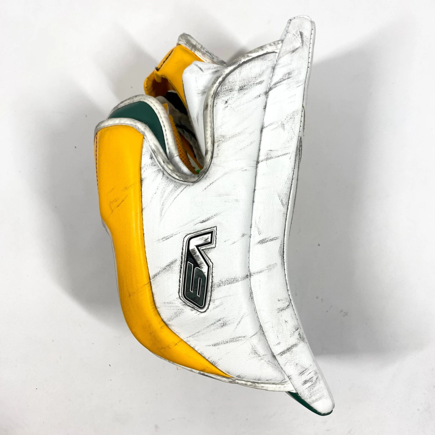 Vaughn Velocity V9 - Used Pro Stock Goalie Blocker (Yellow/Green) 2 Vaughn Velocity V9 - Used Pro Stock Goalie Blocker (Yellow/Green) - Image 2