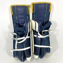 CCM Extreme Flex 5 - Used NCAA Pro Stock Goalie Pads (White/Blue/Gold) -Hockey Stick Man Shop Photo2023 06 09 11637PM