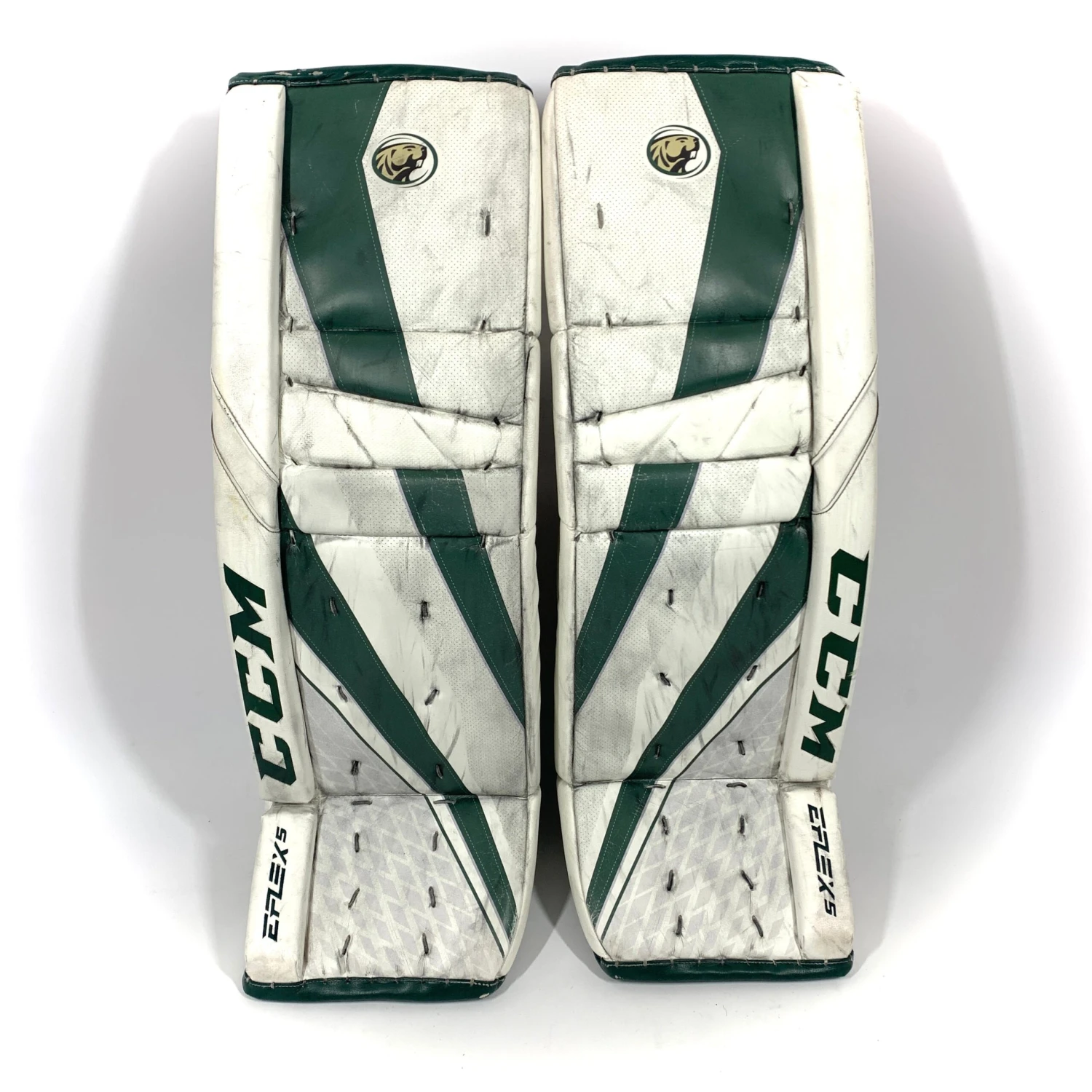 CCM Extreme Flex 5 - Used Pro Stock Goalie Pads (White/Green) 1 CCM Extreme Flex 5 - Used Pro Stock Goalie Pads (White/Green)