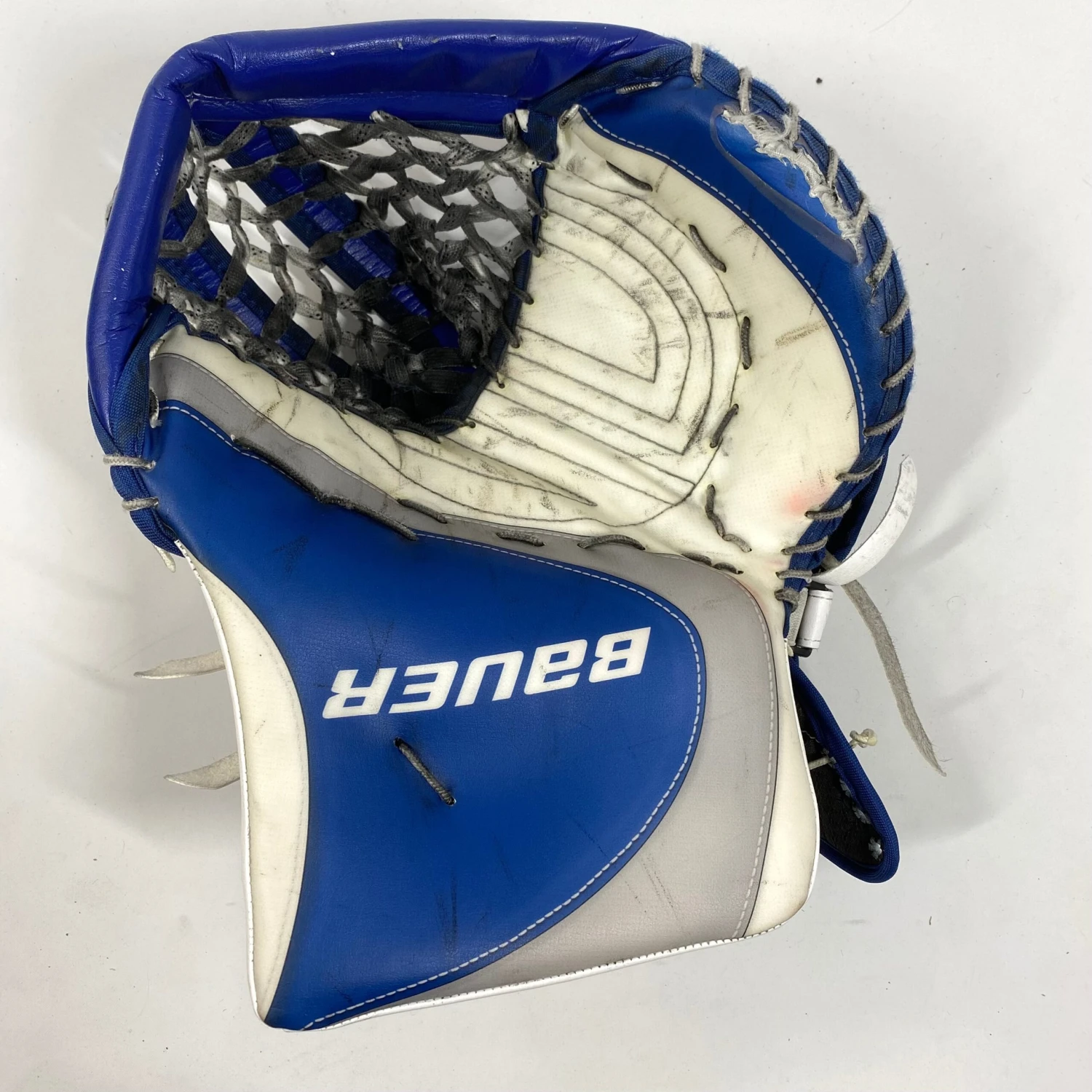 Bauer Supreme Ultrasonic - Used Pro Stock Goalie Glove - (Blue/White) 1 Bauer Supreme Ultrasonic - Used Pro Stock Goalie Glove - (Blue/White)