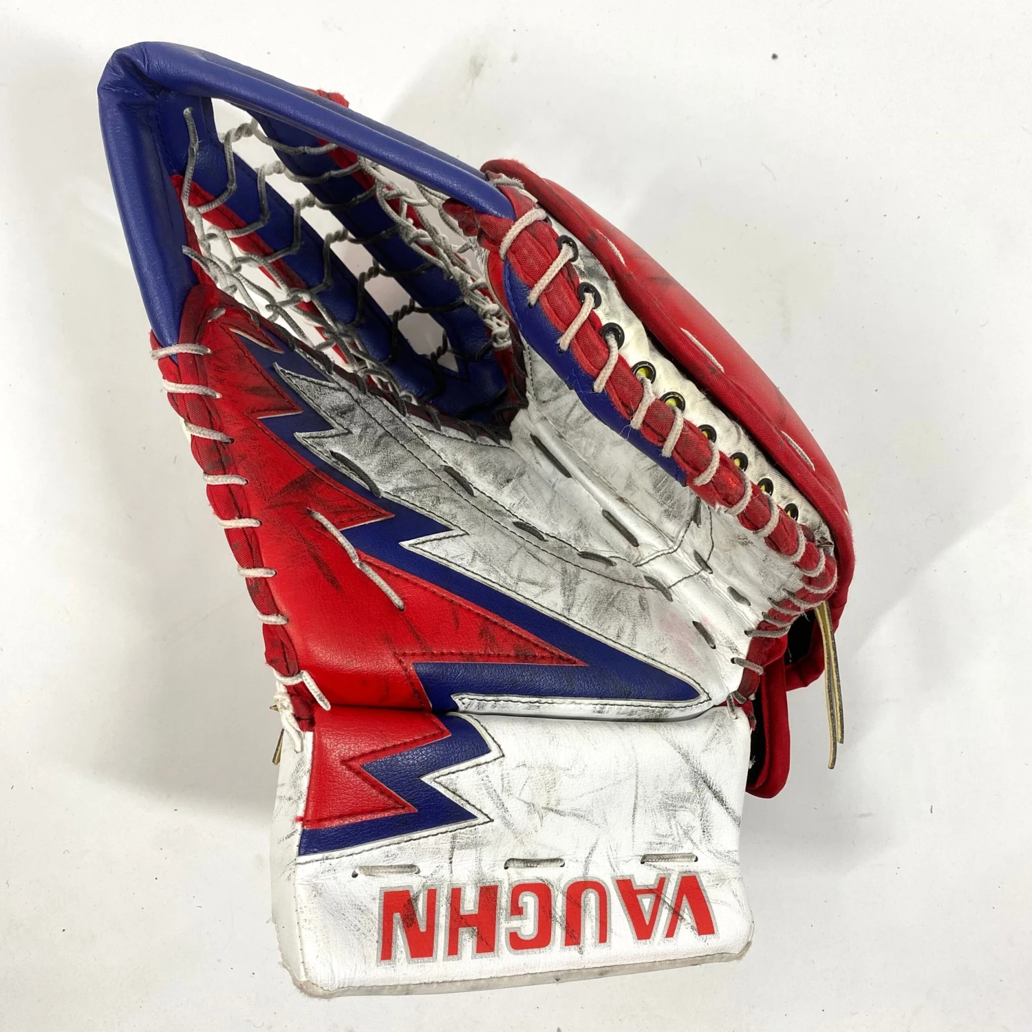 Vaughn Velocity V9 - Used Pro Stock Goalie Glove - (Red/Blue/White) 1 Vaughn Velocity V9 - Used Pro Stock Goalie Glove - (Red/Blue/White)