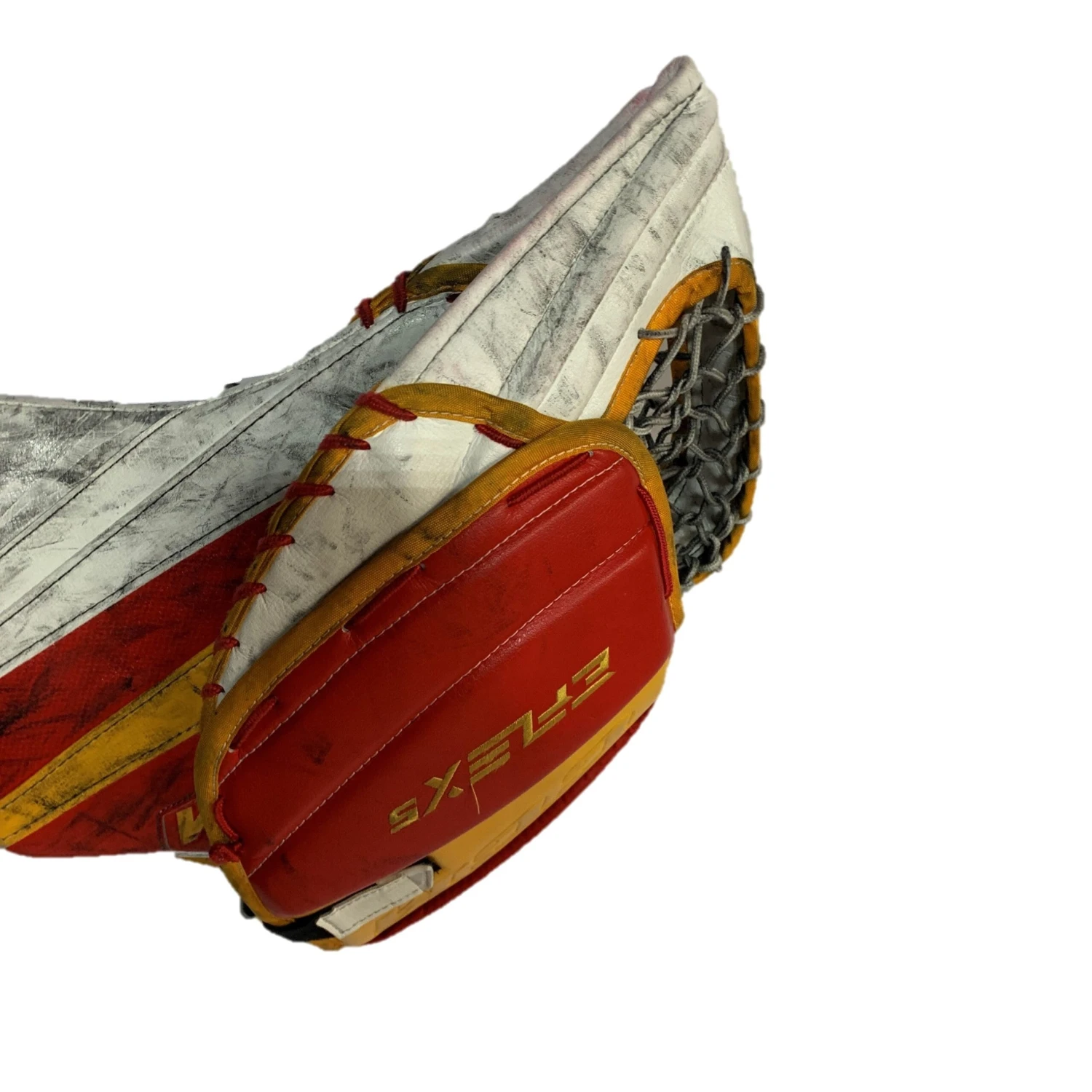 CCM Extreme Flex 5 - Used Pro Stock Goalie Glove - (Red/Yellow/White) 4 CCM Extreme Flex 5 - Used Pro Stock Goalie Glove - (Red/Yellow/White) - Image 4