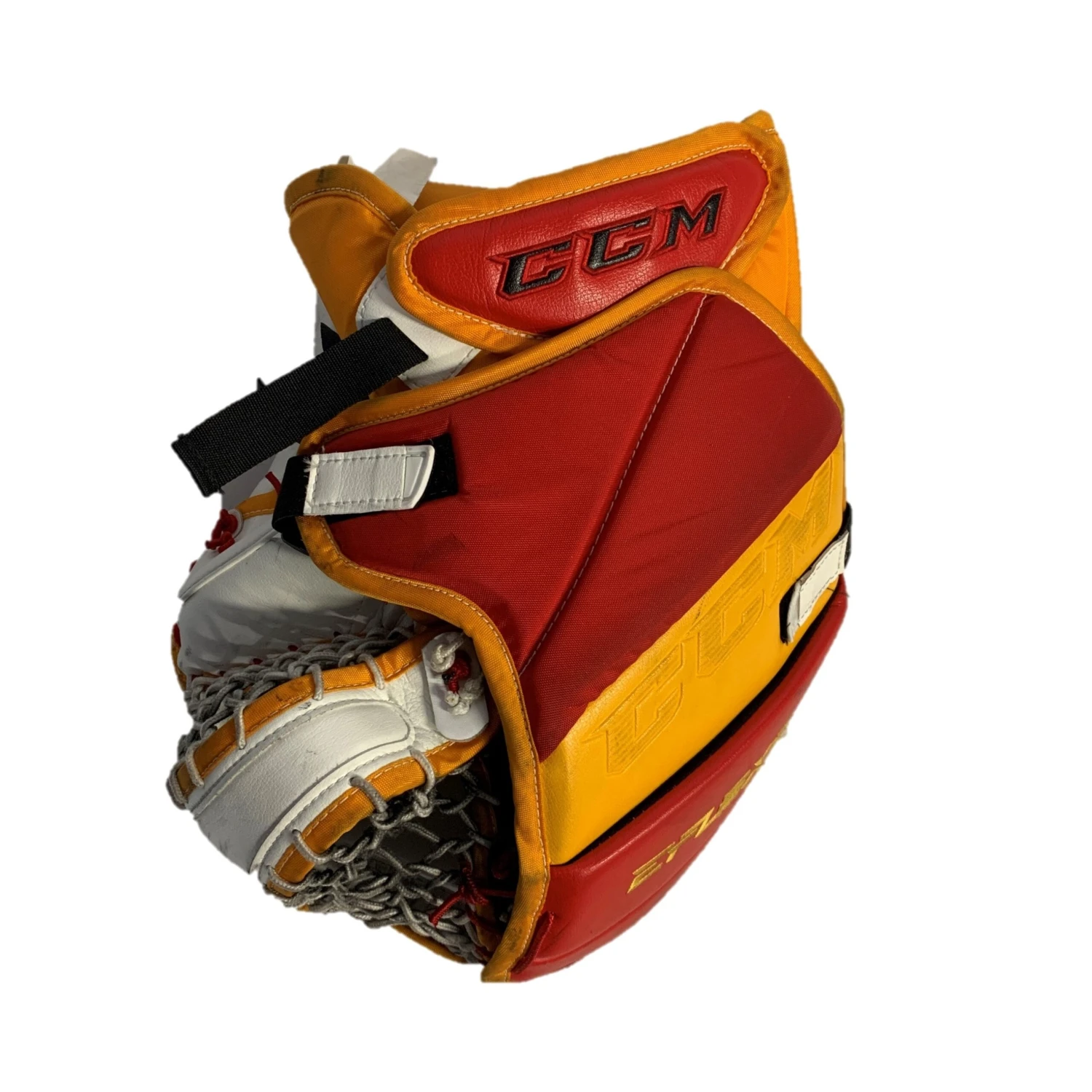 CCM Extreme Flex 5 - Used Pro Stock Goalie Glove - (Red/Yellow/White) 2 CCM Extreme Flex 5 - Used Pro Stock Goalie Glove - (Red/Yellow/White) - Image 2